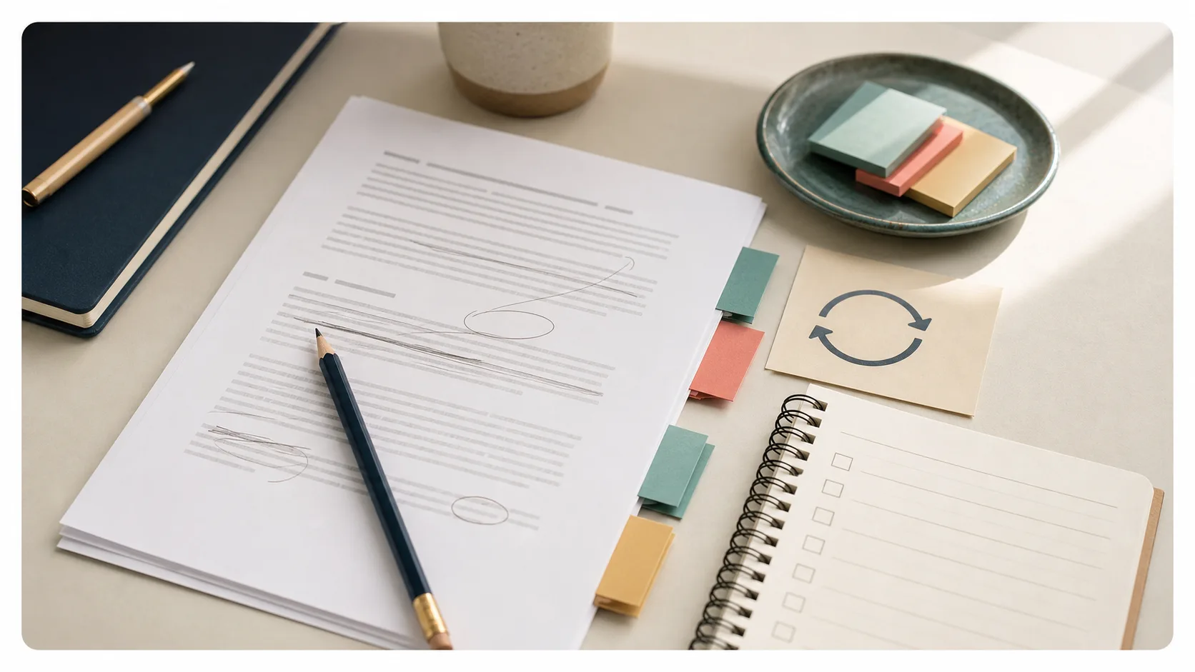 Printed article draft with subtle pencil edits, update notes, and a refresh checklist.