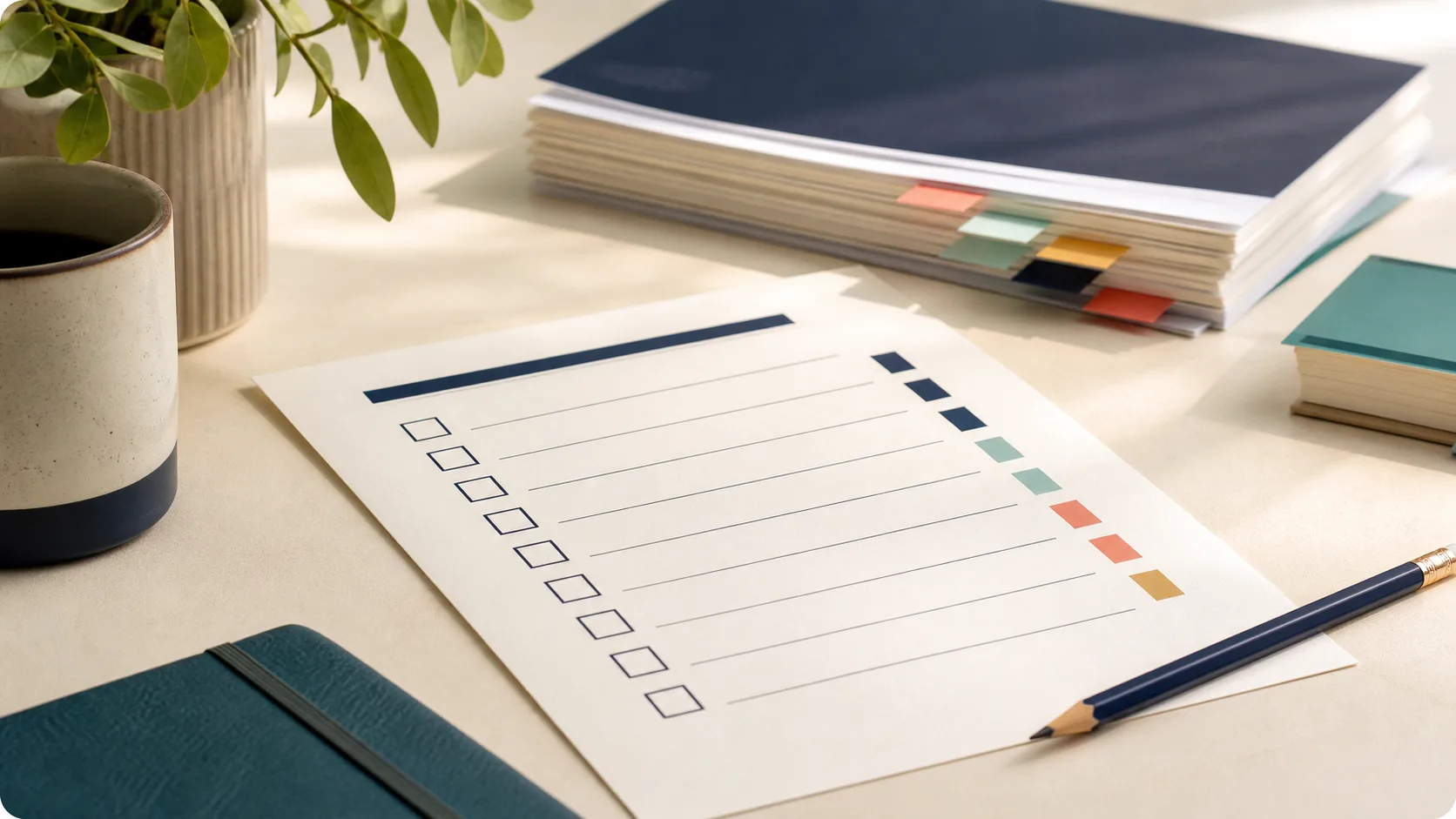 Printed checklist sheet with article pages, pencil marks, and colored tabs on a warm desk.