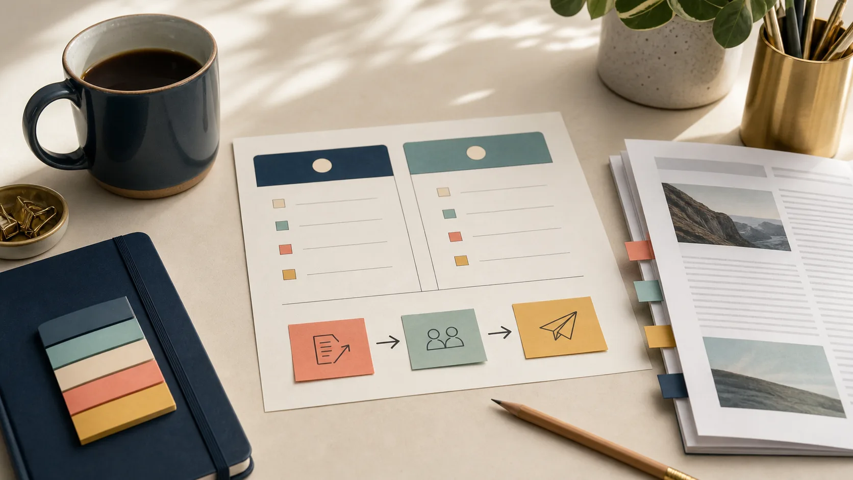 Two-day content launch planning sheet with article draft, calendar blocks, and small workflow notes.