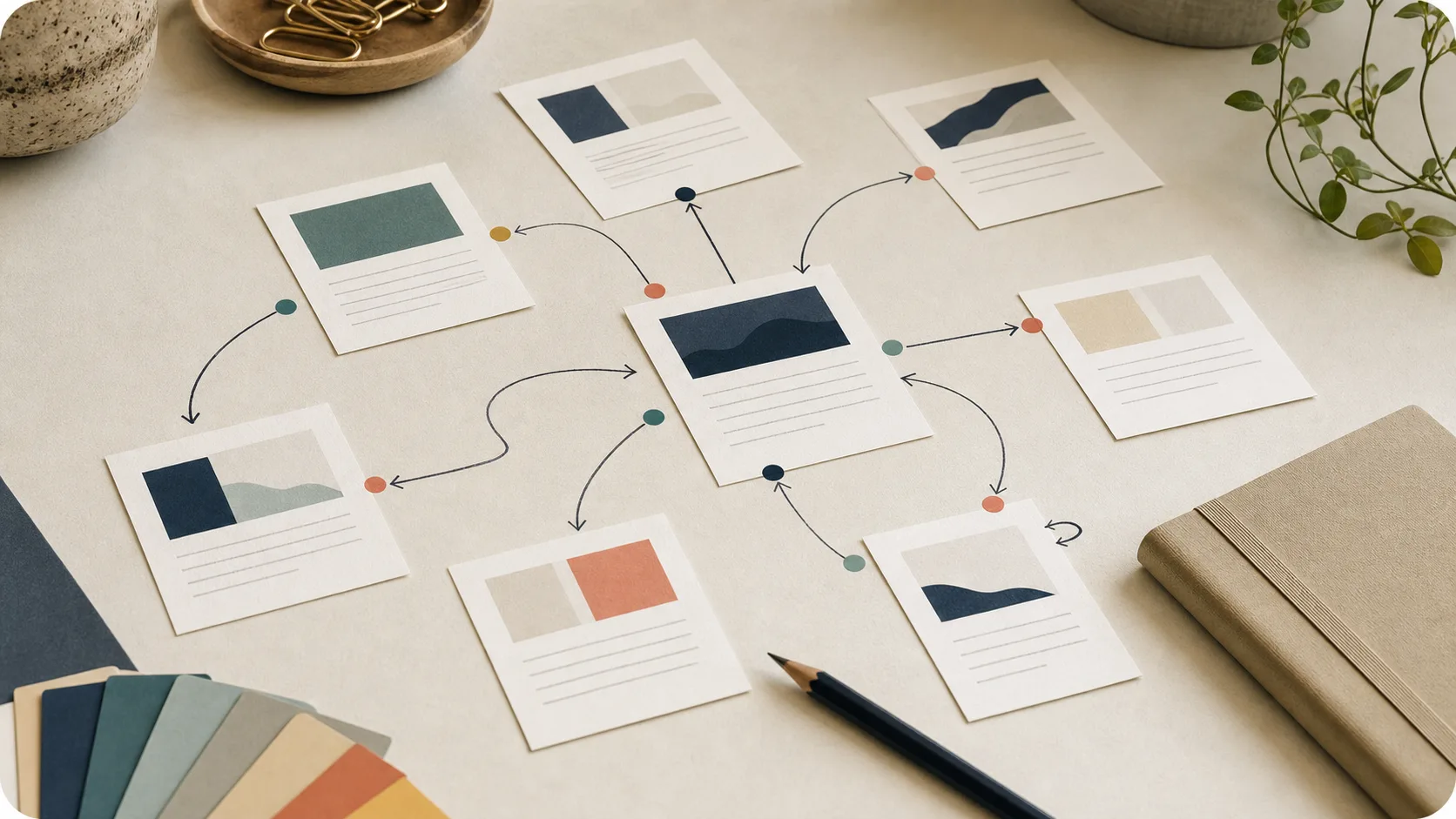 Printed article cards connected by hand-drawn lines to show internal links across a small content library.
