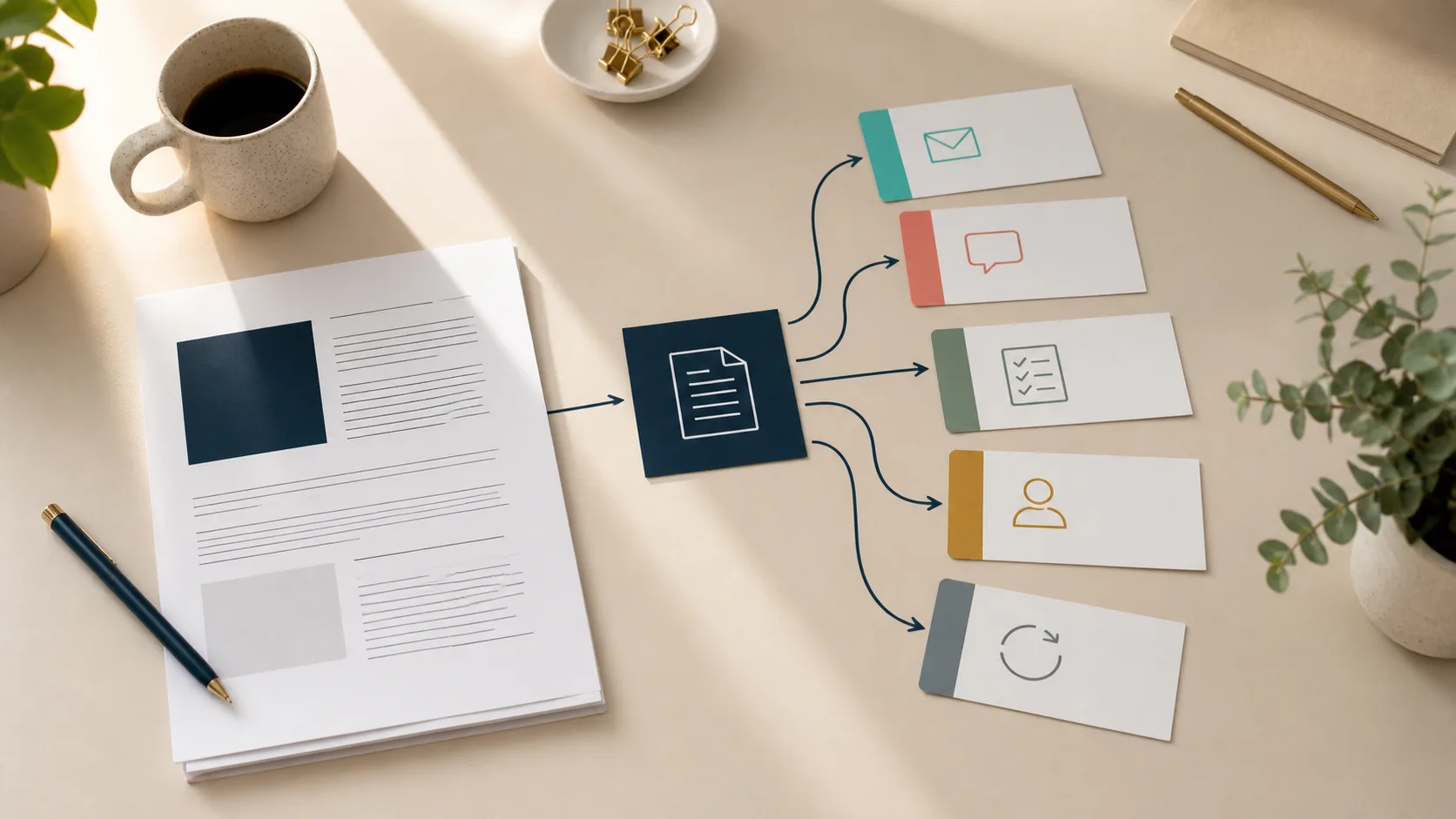 Source article page branching into smaller marketing asset cards on a warm editorial desk.