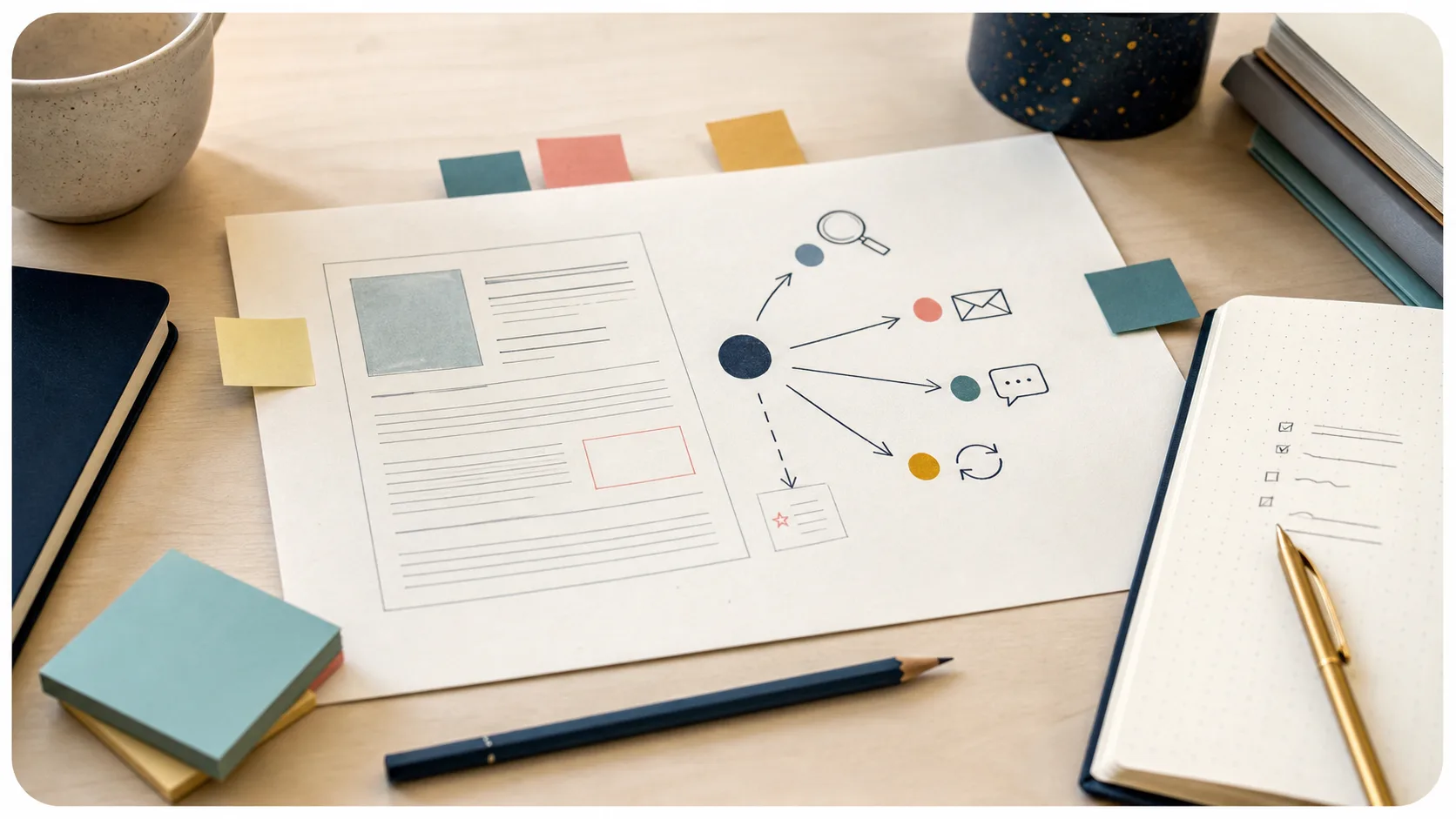 Printed article draft with a hand-drawn visibility map showing paths from publishing to discovery.