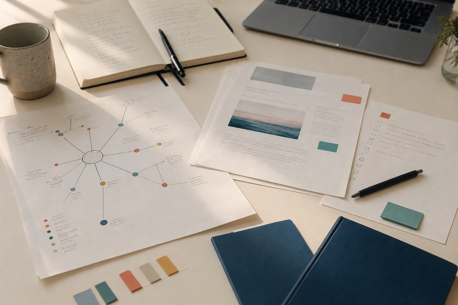 Printed article drafts, checklist notes, and a simple distribution map arranged on a desk.